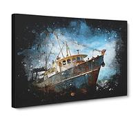 Boat Wreck On The Beach Paint Splash Canvas Print | Gallery Wrapped 30mm Frame Wall Art | 30x20 inches | Ready to Hang | Modern Seascape Picture | Living Room Bedroom Lounge Office
