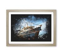 Boat Wreck On The Beach Paint Splash Framed Print | A2 Oak Framed Wall Art | Ready to Hang | Modern Vehicle Picture | Living Room Bedroom Lounge Office