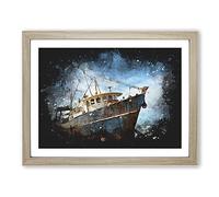 Boat Wreck On The Beach Paint Splash Modern Art Framed Print | A2 Oak Framed Wall Art | Ready to Hang | Modern Vehicle Picture | Living Room Bedroom Lounge Office