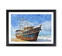 Boat Wreck On The Beach Painting Framed Print | A2 Black Framed Wall Art | Ready to Hang | Modern Vehicle Picture | Living Room Bedroom Lounge Office