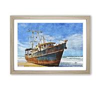 Boat Wreck On The Beach Painting Framed Print | A2 Oak Framed Wall Art | Ready to Hang | Modern Vehicle Picture | Living Room Bedroom Lounge Office