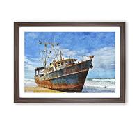 Boat Wreck On The Beach Painting Framed Print | A2 Walnut Framed Wall Art | Ready to Hang | Modern Vehicle Picture | Living Room Bedroom Lounge Office