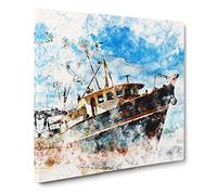 Boat Wreck On The Beach Watercolour Canvas Print | Gallery Wrapped 30mm Frame Wall Art | 14x14 inches | Ready to Hang | Modern Seascape Picture | Living Room Bedroom Lounge Office