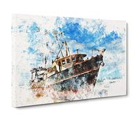 Boat Wreck On The Beach Watercolour Canvas Print | Gallery Wrapped 30mm Frame Wall Art | 30x20 inches | Ready to Hang | Modern Seascape Picture | Living Room Bedroom Lounge Office