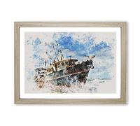 Boat Wreck On The Beach Watercolour Framed Print | A2 Oak Framed Wall Art | Ready to Hang | Modern Vehicle Picture | Living Room Bedroom Lounge Office