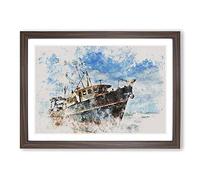 Boat Wreck On The Beach Watercolour Framed Print | A2 Walnut Framed Wall Art | Ready to Hang | Modern Vehicle Picture | Living Room Bedroom Lounge Office