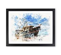 Boat Wreck On The Beach Watercolour Modern Framed Print | A3 Black Framed Wall Art | Ready to Hang | Modern Vehicle Picture | Living Room Bedroom Lounge Office