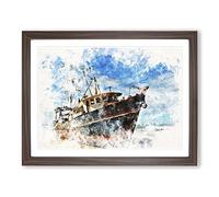 Boat Wreck On The Beach Watercolour Modern Framed Print | A3 Walnut Framed Wall Art | Ready to Hang | Modern Vehicle Picture | Living Room Bedroom Lounge Office