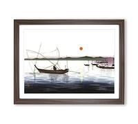 Boats & A Setting Sun By Ohara Koson Asian Japanese Framed Wall Art Print, Ready to Hang Picture for Living Room Bedroom Home Office Décor, Walnut A3 (46 x 34 cm)