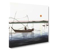 Boats & a Setting Sun by Ohara Koson Canvas Print | Gallery Wrapped 30mm Frame Wall Art | 14x14 inches | Ready to Hang | Modern Beach Picture | Living Room Bedroom Lounge Office
