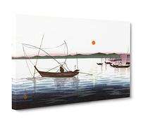 Boats & a Setting Sun by Ohara Koson Canvas Print | Gallery Wrapped 30mm Frame Wall Art | 30x20 inches | Ready to Hang | Modern Beach Picture | Living Room Bedroom Lounge Office