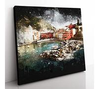 Boats in Vernazza Italy Paint Splash Modern Canvas Wall Art Print Ready to Hang, Framed Picture for Living Room Bedroom Home Office Décor, 50x50 cm (20x20 Inch)