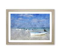Boats On A Beach in Tunisia Painting Framed Print | A2 Oak Framed Wall Art | Ready to Hang | Modern Beach Picture | Living Room Bedroom Lounge Office