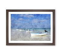 Boats On A Beach in Tunisia Painting Framed Print | A2 Walnut Framed Wall Art | Ready to Hang | Modern Beach Picture | Living Room Bedroom Lounge Office