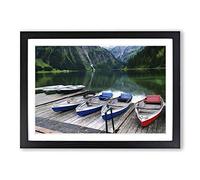 Boats on Jetty Lake & Mountains Framed Print | A2 Oak Framed Wall Art | Ready to Hang | Modern Landscape Picture | Living Room Bedroom Lounge Office