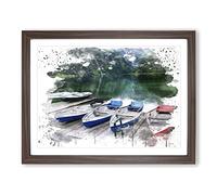 Boats on Jetty Lake & Mountains V3 Modern Framed Print | A2 Walnut Framed Wall Art | Ready to Hang | Modern Landscape Picture | Living Room Bedroom Lounge Office