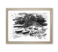 Boats on Jetty Lake & Mountains V4 Modern Framed Print | A2 Oak Framed Wall Art | Ready to Hang | Modern Landscape Picture | Living Room Bedroom Lounge Office
