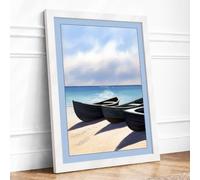 Boats on Pale Sand Coastal Framed Wall Art Print A2 (59.4×42cm) White,