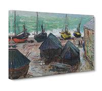 Boats On The Beach By Claude Monet Canvas Print | Gallery Wrapped 30mm Frame Wall Art | 24x16 inches | Ready to Hang | Impressionist Seascape Picture | Living Room Bedroom Lounge Office