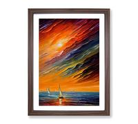 Boats Under The Sunset No.1 Framed Print | A2 Walnut Framed Wall Art | Ready to Hang | Modern Landscape Picture | Living Room Bedroom Lounge Office