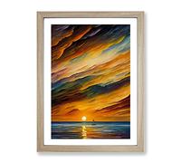 Boats Under The Sunset No.3 Framed Print | A4 Oak Framed Wall Art | Ready to Hang | Modern Landscape Picture | Living Room Bedroom Lounge Office