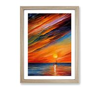 Boats Under The Sunset No.4 Framed Print | A4 Oak Framed Wall Art | Ready to Hang | Modern Landscape Picture | Living Room Bedroom Lounge Office