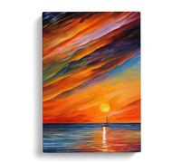Boats Under The Sunset No.4 Red, Peach, Blue Canvas Print | Gallery Wrapped 30mm Frame Wall Art | 30x20 inches | Ready to Hang | Contemporary Landscape Picture | Living Room Bedroom Lounge Office