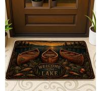 Boats Welcome Door Mat, Rustic Nature-Inspired Lake Pine Trees Summer Brown Washable Low Profile Decorative Doormat Entryway Decor for Front Porch Bathroom Office 29x17 Inch