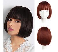 Bob Auburn Wigs Short 10 Inch Straight with Flat Bangs Colorful Synthetic Hair Wig for Cosplay Daily Party for Women Natural (Free Wig Cap)