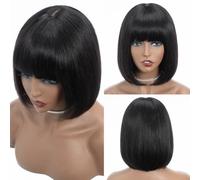 Bob Human Hair Wig With Bangs For Women Hd Top Lace Glueless Short Straight Bob Wigs 2x1 Lace Scalp Machine Made Wig (1B, 10 inches)