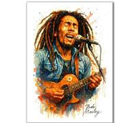 Bob Marley Watercolor Art Print, Music Legend Portrait, Splash Art Guitar Performance, Wall Decor Poster