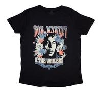 Bob Marley Women's T-Shirt Flower Portrait Logo Nue Official Black, black, M