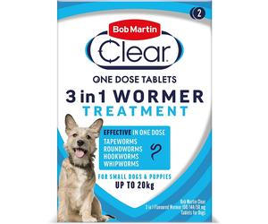 Bob Martin Clear 3-in-1 Wormer Tablets for Dogs Up To 20kg - 2 Tablets