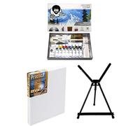 Bob Ross Master Artist Oil Paint Set Bundle with Aluminum Table Easel & 2-Pack 12x16 Stretched Canvas for Painting (3 Items)
