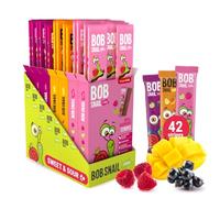Bob Snail Fruit Leather Stripes - Mix Flavors Raspberry, Blackcurrant, Mango - Sugar Free, Vegan, Natural Healthy Fruit Snacks for Adults and Kids, Bulk Candy Family Box, 42 Bars (Pack of 7, 588g)