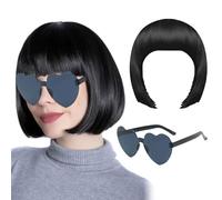 Bob Wig, Short Bob Wig Women, Black Hair Wigs Straight with Flat Fringe 80s 70s Wig Glasses Carnival Cosplay Wig, Black