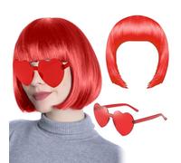 Bob Wig, Short Bob Wig Women, Red Hair Wigs Straight with Flat Fringe 80s 70s Wig Glasses Carnival Cosplay Wig Red