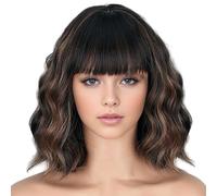 Bob Wig with Bangs, 12 Inch Wavy Curly Short Wigs, High Temperature Silk Brown Fake Hair for Women Daily Party Use, Bob Wig with Bangs