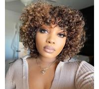 Bob Wigs for Black Women Human Hair Glueless Wig Short Black Layered Wavy Pixie Wigs with Bangs Natural Black Hair Replacement Wig (6 Inch,P4/27, Curly)