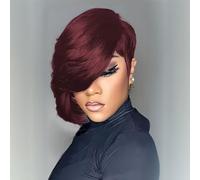 Bob Wigs for Black Women Human Hair Glueless Wig Short Black Layered Wavy Pixie Wigs with Bangs Natural Black Hair Replacement Wig (8 Inch,#99J, Straight)