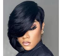 Bob Wigs for Black Women Human Hair Glueless Wig Short Black Layered Wavy Pixie Wigs with Bangs Natural Black Hair Replacement Wig (8 Inch,1B, Human Hair)