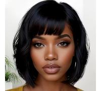 Bob Wigs for Black Women Human Hair Glueless Wig Short Black Layered Wavy Pixie Wigs with Bangs Natural Black Hair Replacement Wig (6 Inch,1B, Straight)