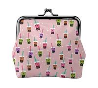 Boba Bubble Tea Women's Leather Coin Purse, Small Change Pouch with Kiss-Lock Clasp Closure Buckle Wallet for Girl Gift