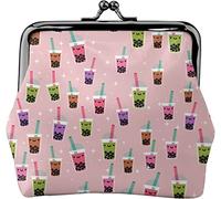 Boba Bubble Tea Women's Leather Coin Purse, Small Change Pouch with Kiss-Lock Clasp Closure Buckle Wallet for Girl Gift