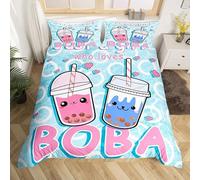Boba Duvet Cover Just a Girl Who Loves Boba Comforter Cover Kawaii Bubble Tea Stuffed Bedding Set for Kids Adults Cartoon Boba Bedspread Cover Double Zipper Boys