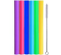 Boba Smoothie Straws, 10" Long Extra Wide Reusable Fat Silicone Straw for Drinking Bubble Tea, Milkshakes, Set of 6 with Cleaning Brush