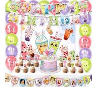 Boba Tea Party Decorations Milk Tea Themed Party Supplies with Banner Backdrop Cake Toppers Balloons paper cups birthday invitations