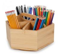 BOBASH 360° Rotating Bamboo Pen Holder with Handle, Hexagon Desktop Art Supply Organizer with 6 Compartments, Large Capacity Pencil Storage Caddy for Markers, Paint Brushes, Office & Home