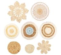 BOBASH 8pcs Boho Woven Wall Basket Decor, 11-30cm Bulrush & Paper Rope Handcrafted Round Wall Hanging Baskets, Multi-Size Rustic Woven Placemats Art Set for Home Bedroom Living Room Wedding