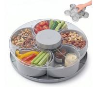 BOBASH Divided Spin and Snack Serving Tray with Lid, 360° Rotating Lazy Susan Snack Box, 5-Compartment Portable Veggie & Fruit Platter for Travel, Picnic, Party & Game Day, Dishwasher Safe(grey)